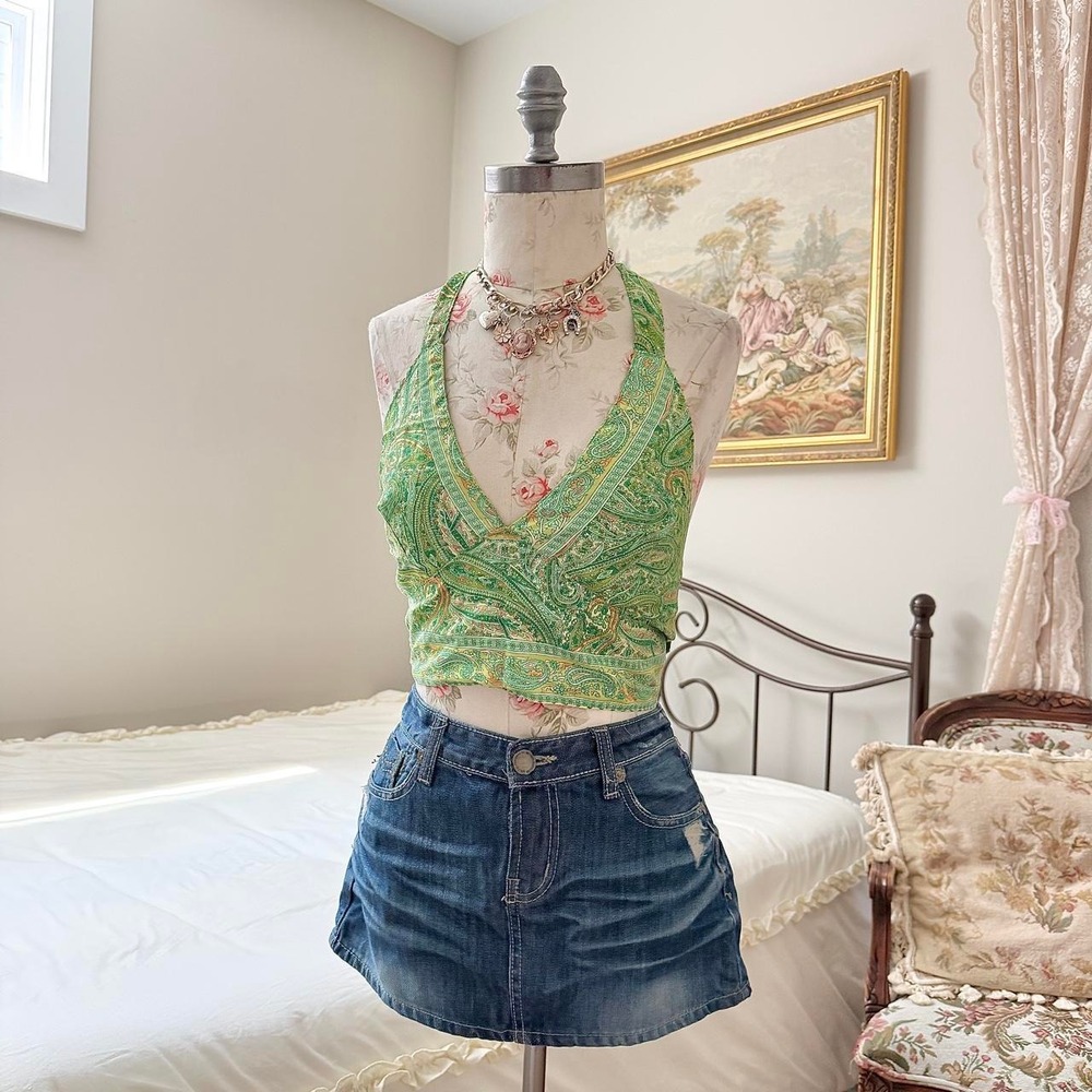 Y2K size small to medium green paisley silk blend halter top